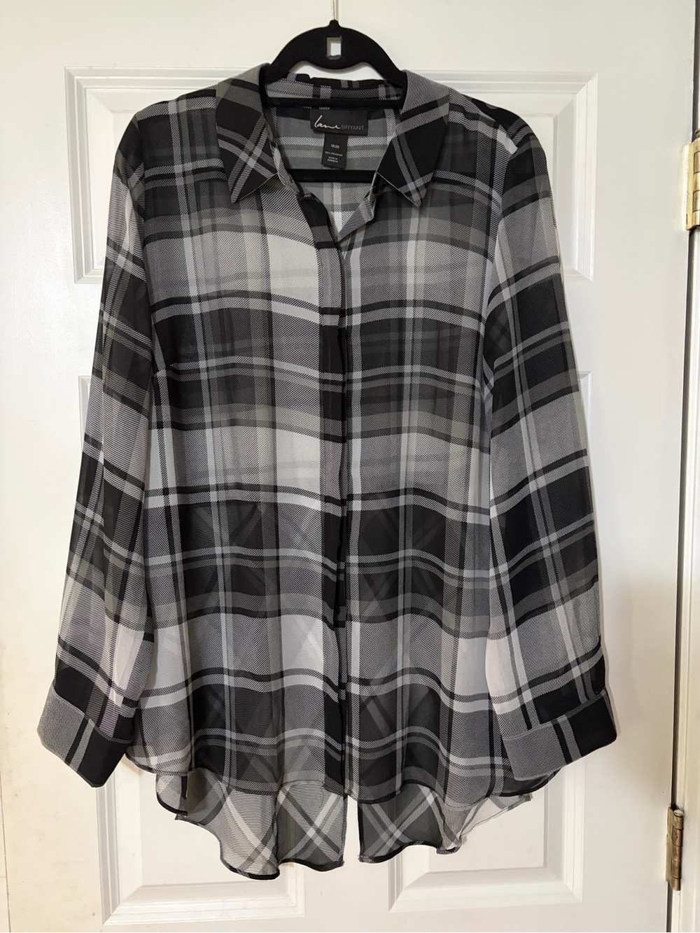 Lane Bryant sheer button down black and gray plaid blouse size 18/20